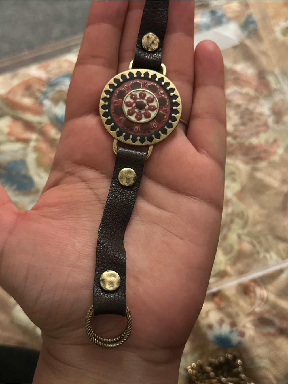 Leather Bracelet with Brass Medallion - Brown and Red